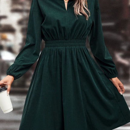 Smocked Johnny Collar Long Sleeve Dress