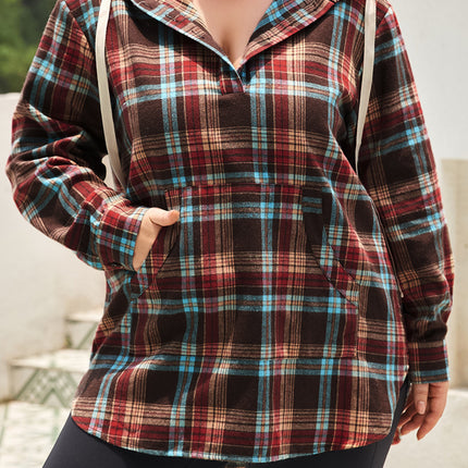 Plus Size Drawstring Plaid Quarter Button Hoodie