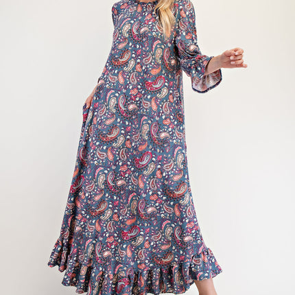 Celeste Full Size Ruffle Hem Paisley Round Neck Dress