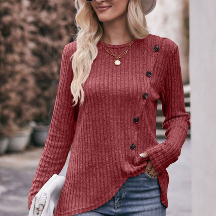 Double Take Ribbed Round Neck Buttoned Long Sleeve Tee