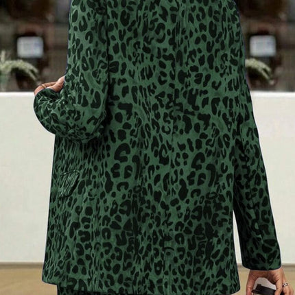 Full Size Leopard Lapel Collar Long Sleeve Blazer and Pants Set