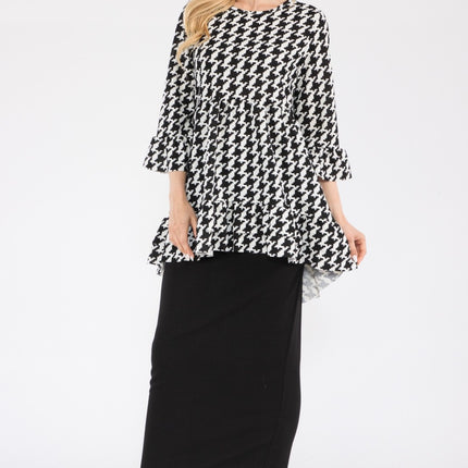 Celeste Full Size Houndstooth Flounce Sleeve High-Low Top