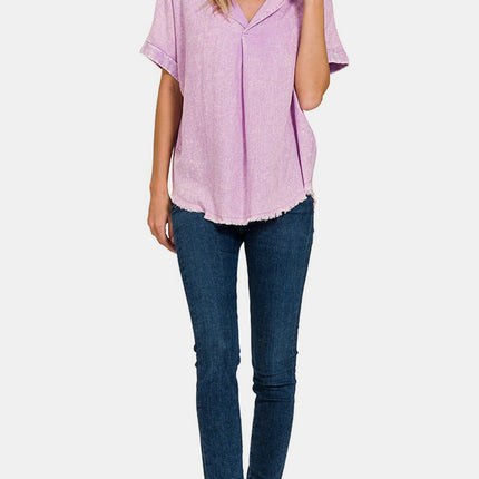 Zenana Washed Linen Raw Hem V-Neck Shirt