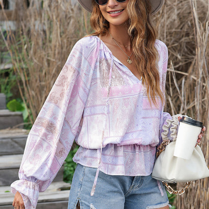 Printed Tie Neck Flounce Sleeve Blouse