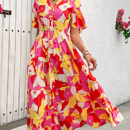 Printed V-Neck Flutter Sleeve Midi Dress