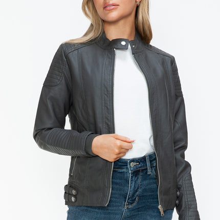 Snobbish Faux Leather Biker Jacket with Side Zip Pockets