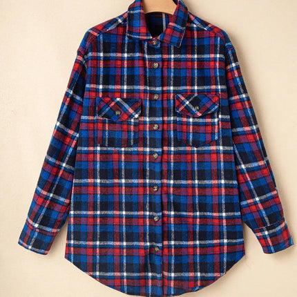 Pocketed Plaid Collared Neck Long Sleeve Shacket