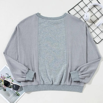 Waffle-Knit Round Neck Long Sleeve Top