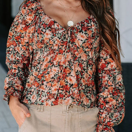 Peplum Tied Flora Long Sleeve Blouse