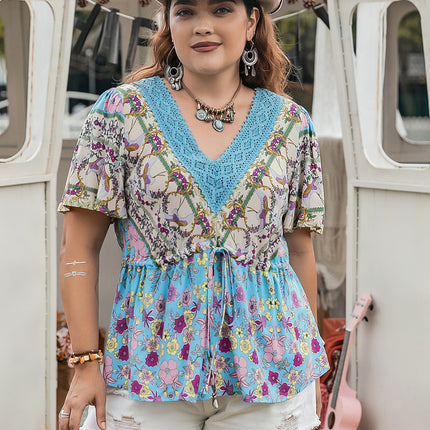 Plus Size Ruched Lace Detail Printed V-Neck Short Sleeve Blouse