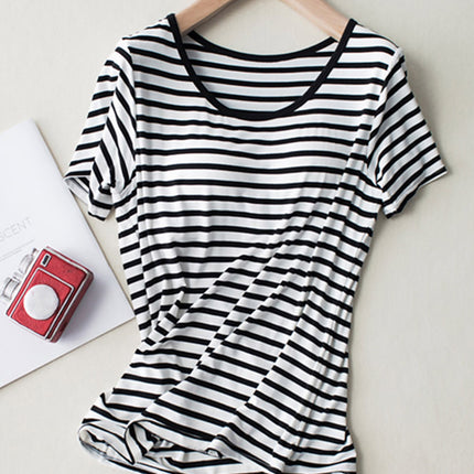 Striped Round Neck Short Sleeve T-Shirt with Bra