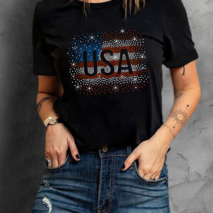 USA Rhinestone Round Neck Short Sleeve T-Shirt