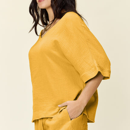 Double Take Texture Half Sleeve T-Shirt and Drawstring Shorts Set - Vickie Lynn's