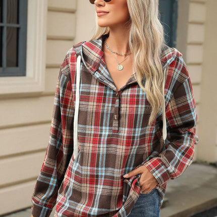 Drawstring Plaid Hooded Long Sleeve Top