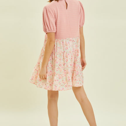 HEYSON Full Size Round Neck Floral Ruffle Hem Mini Dress