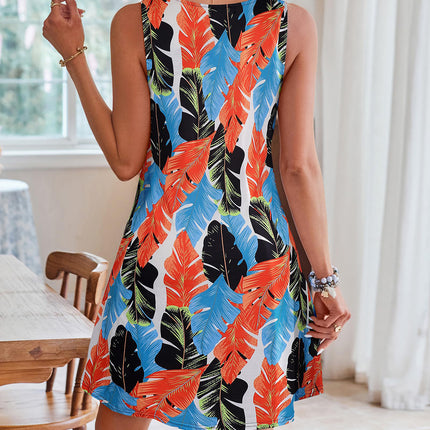 Lace Detail Printed V-Neck Sleeveless Dress