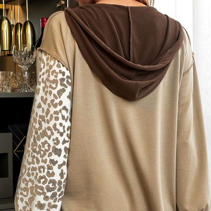 Leopard Drawstring Chest Pocket Hoodie