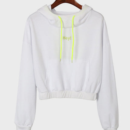 Perfee Drawstring Letter Long Sleeve Hoodie