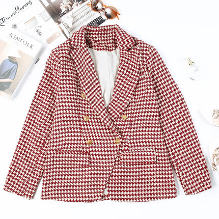 Houndstooth Collared Neck Double-Breasted Blazer