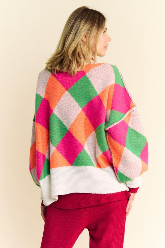 Davi & Dani Exposed Seam Color Block Dropped Shoulder Sweater