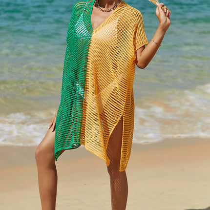 Double Take Openwork Contrast Slit Knit Cover Up