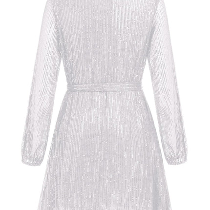 Sequin Tie Waist Long Sleeve Mini Dress