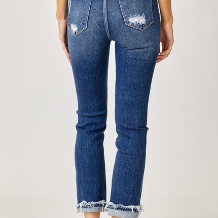 Risen Full Size High-Rise Frayed Cuffed Straight Jeans