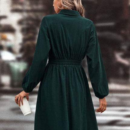 Smocked Johnny Collar Long Sleeve Dress