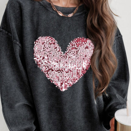 Valentine’s Day Sequin Heart Round Neck Long Sleeve Sweatshirt