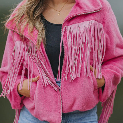 Fringed Zip Up Fleece Jacket