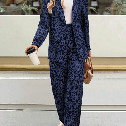 Full Size Leopard Lapel Collar Long Sleeve Blazer and Pants Set