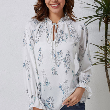 Double Take Floral Tie Neck Flounce Sleeve Blouse