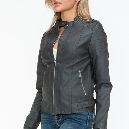 Snobbish PU Leather Biker Jacket with Side Zip Pockets