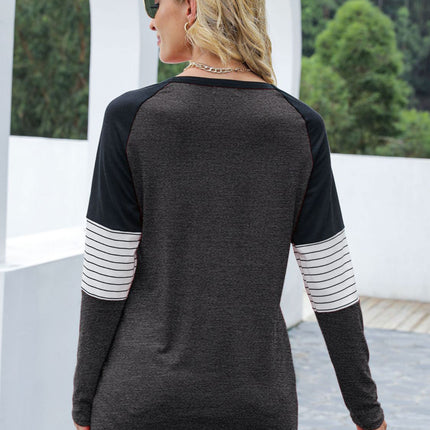 Contrast Striped Round Neck Long Sleeve T-Shirt