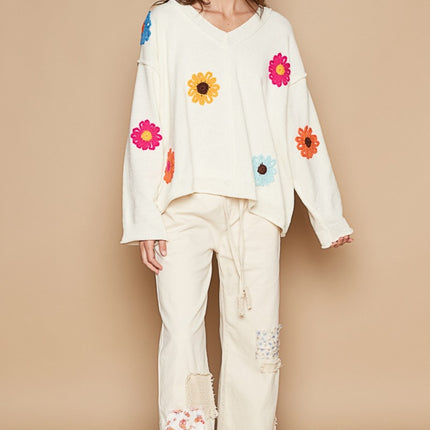 POL V-Neck Flower Patches Long Sleeve Sweater