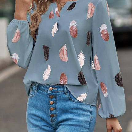 Feather Print Notched Balloon Sleeve Top