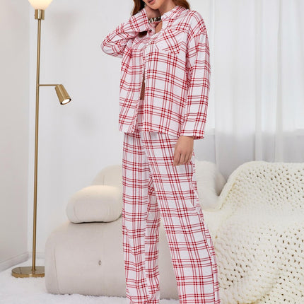 Plaid Collared Neck Long Sleeve Top and Pants Lounge Set