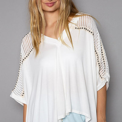 POL Oversize V-Neck Crochet Lace Contrast Studded Top