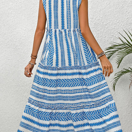 Frill Printed Notched Sleeveless Dress