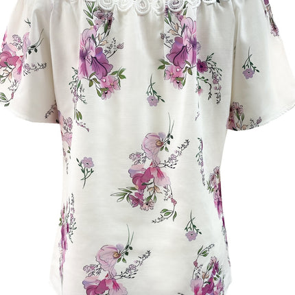 Full Size Printed Tie Neck Short Sleeve Blouse