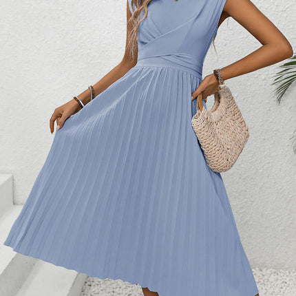Pleated Round Neck Cap Sleeve Dress - Vickie Lynn's