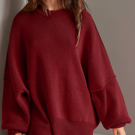 Double Take Side Slit Round Neck Long Sleeve Sweater