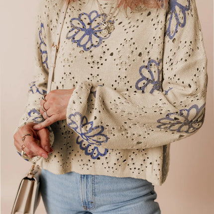 Openwork Round Neck Long Sleeve Knit Top