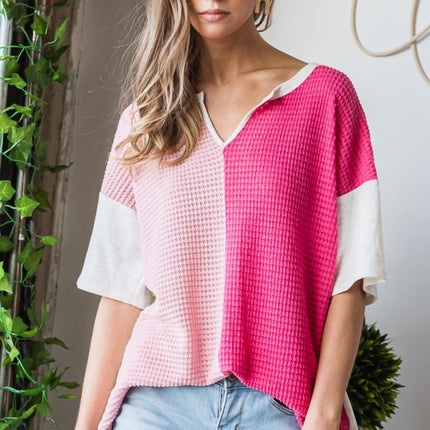 Heimish Full Size Contrast Waffle-Knit Half Sleeve Blouse