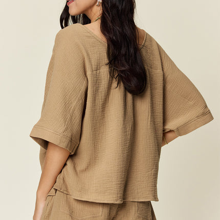 Double Take Texture Half Sleeve T-Shirt and Drawstring Shorts Set - Vickie Lynn's