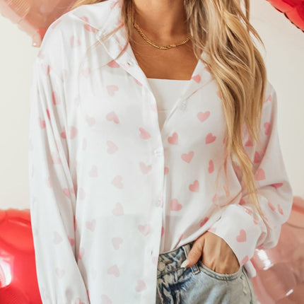 Heart Print Collared Neck Long Sleeve Shirt