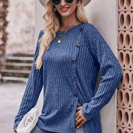 Double Take Ribbed Round Neck Buttoned Tee