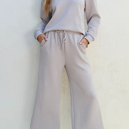 Textured Long Sleeve Top and Drawstring Pants Set