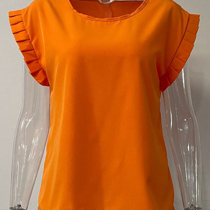 Ruffled Round Neck Cap Sleeve Blouse