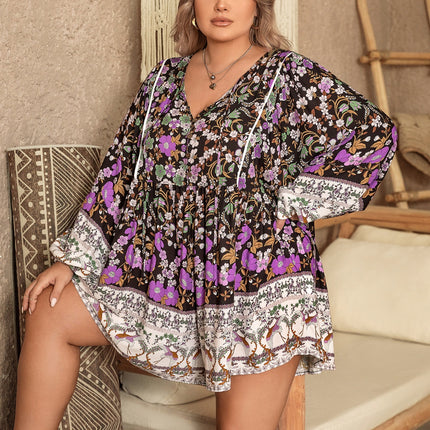 Plus Size Printed Tie Neck Mini Dress